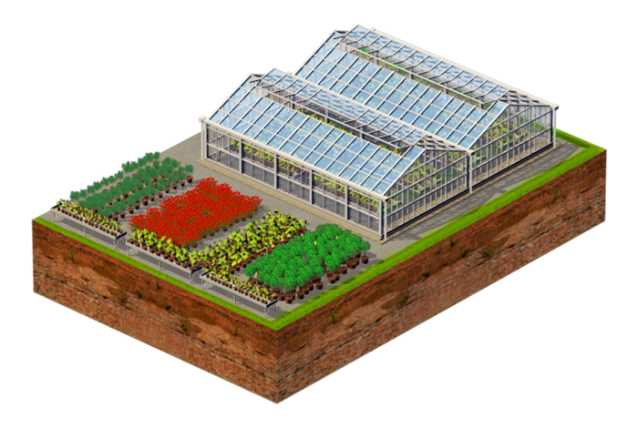 Grafika przedstawiające centrum ogrodnicze z 2 szklarniami oraz sadzonkami roślin ozdobnych