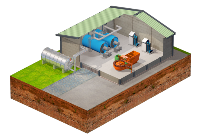 Grafika przedstawiająca maszyny ogrodnicze w odsłoniętym budynku przemysłowym