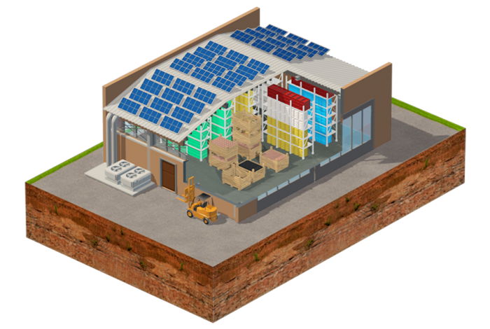 Grafika przedstawiająca magazyn z panelami solarnymi i miejscem do ładowania towaru.